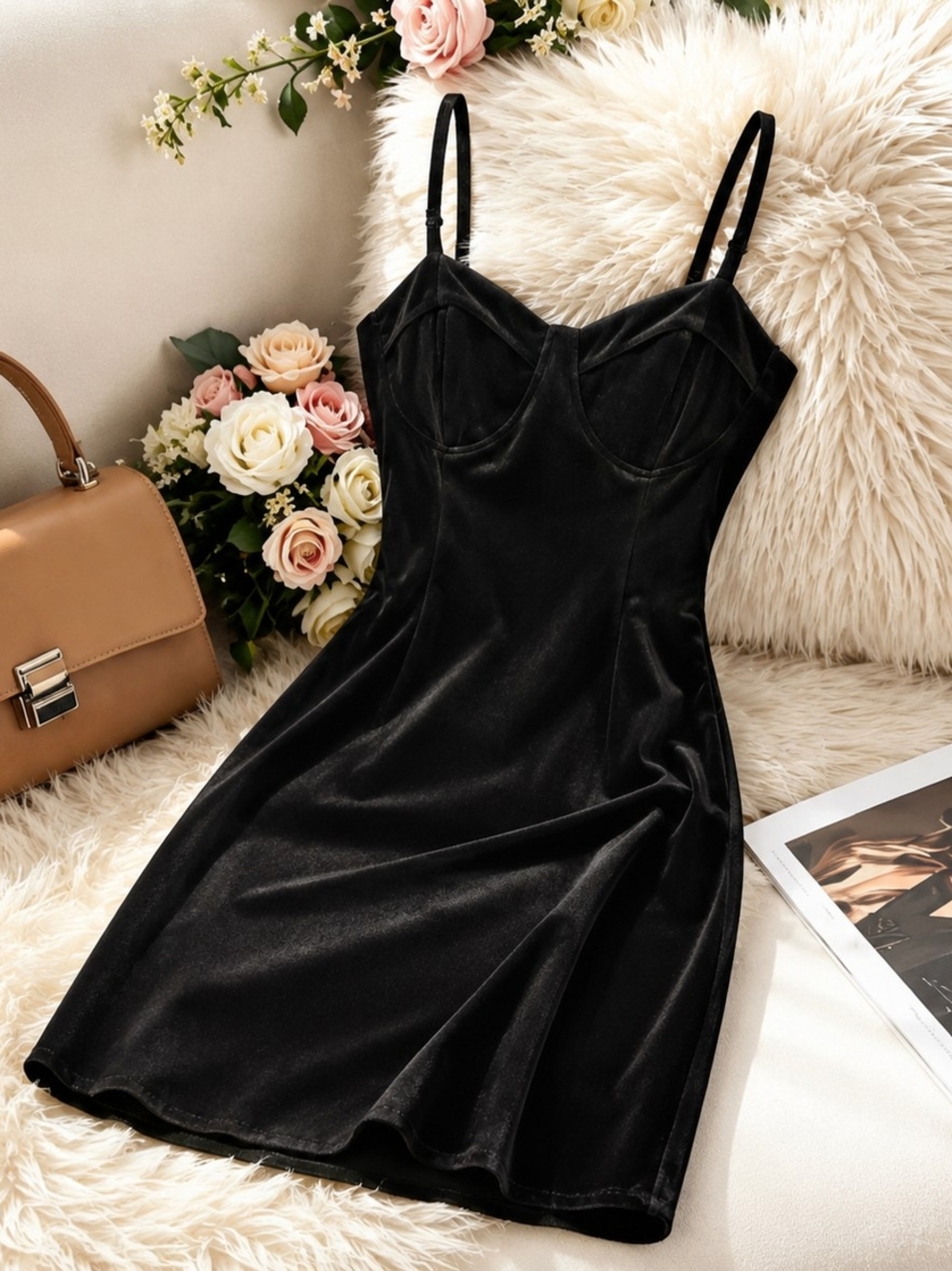 SHEIN Black Velvet Bustier Slip Dress with Adjustable Straps
